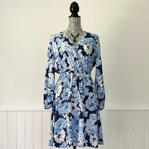 Old Navy Blue Floral Deep V-Neck Faux Wrap Long Sleeve Dress Size S